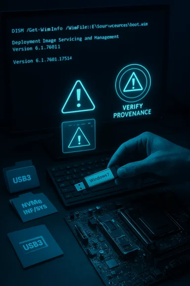 Windows7 USB drive inserted while glowing security warnings and provenance-check icons appear on screen.
