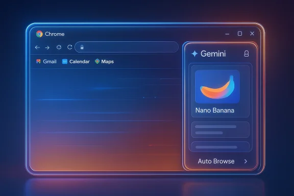 Neon-glow Chrome window with a Gemini AI panel showing Nano Banana.
