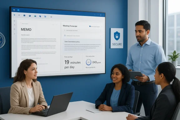 A diverse team reviews a memo and data on a large screen during a business meeting.