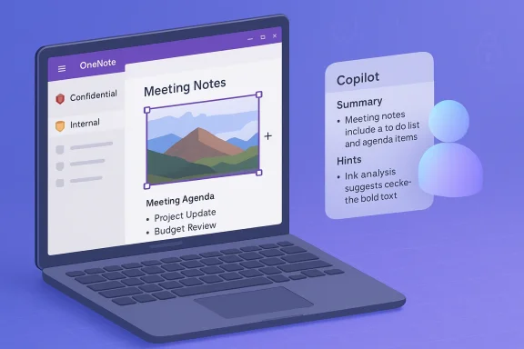 Laptop screen shows OneNote Meeting Notes with an agenda, beside a Copilot tips panel.