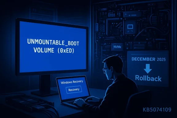 A technician in a data center faces a Windows blue screen: UNMOUNTABLE_BOOT_VOLUME.