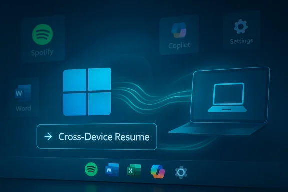 Blue futuristic interface depicting a Windows icon, a 'Cross-Device Resume' button, and a laptop graphic.