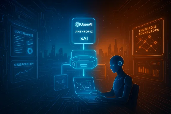 Neon AI lab: a robot at a laptop connected to OpenAI xAI amid governance and knowledge graphs.