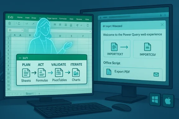 Two monitors show an Excel sheet and a Power Query UI with an illustrated figure.