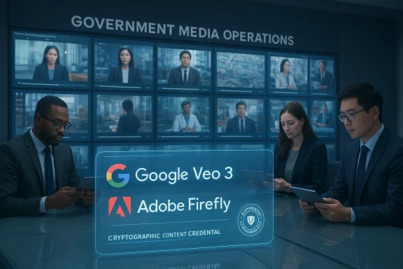 Government media operations room; professionals review a holographic cryptographic credential display.