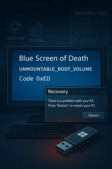 Blue Screen of Death: UNMOUNTABLE_BOOT_VOLUME (Code 0xED) with a recovery prompt and USB drive nearby.