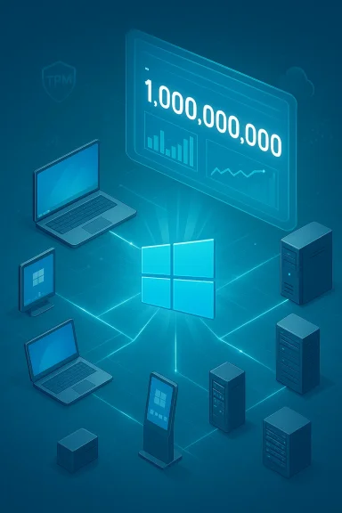 A futuristic network with Windows logo at center, linking laptops and servers to a 1,000,000,000 dashboard.