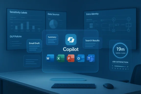 Futuristic holographic Copilot dashboard displaying Office app icons and analytics.