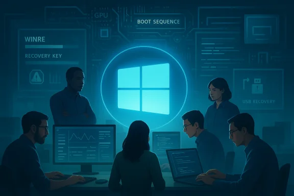 A team of engineers analyzes Windows boot sequence around a glowing Windows logo.