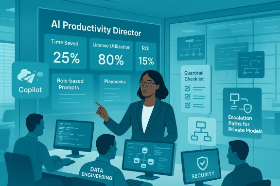 Presenter explains AI Productivity Director metrics to engineers using Copilot and security dashboards.