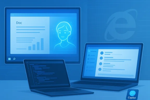 Blue-toned workstation with multiple screens showing code, a document with a profile, and a Copilot badge.