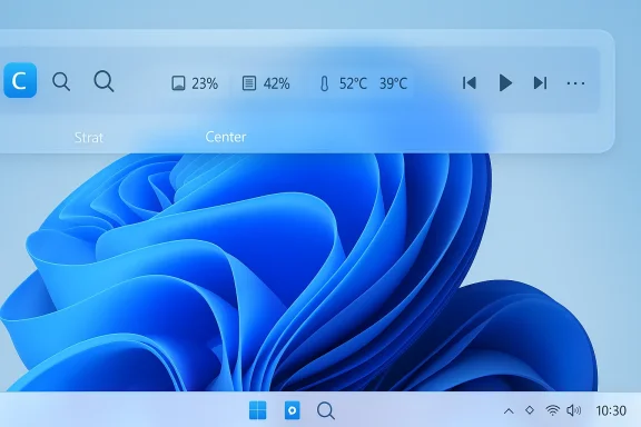 Blue abstract wallpaper with a frosted translucent floating control panel over a Windows-style taskbar.