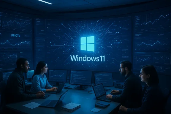A team in a blue-lit control room monitors Windows 11 on a large central screen.