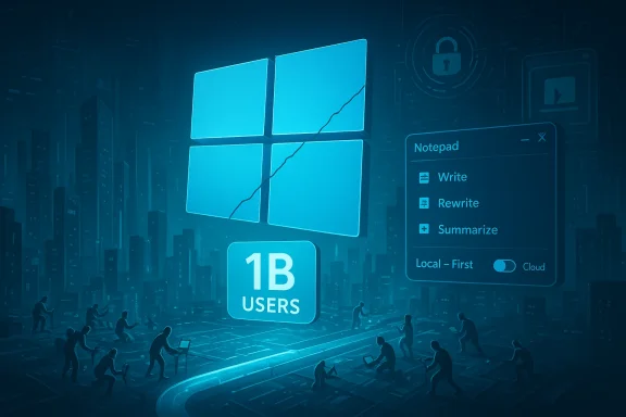 A neon blue cityscape with a giant Windows logo, a '1B USERS' tile, and a floating Notepad menu.