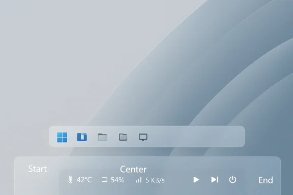 A sleek, glassy blue-gray desktop with a curved, rounded taskbar and app icons.