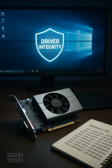 A graphics card sits on a desk before a Windows PC screen displaying a glowing “Driver Integrity” shield.