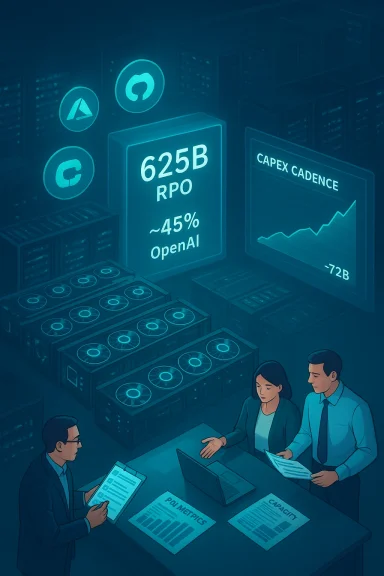 Analysts review server metrics and AI dashboards in a data center control room.