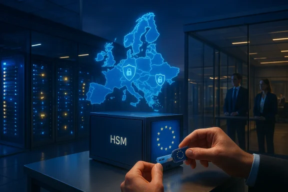 Holographic map of Europe with security shields above an HSM in a data center.