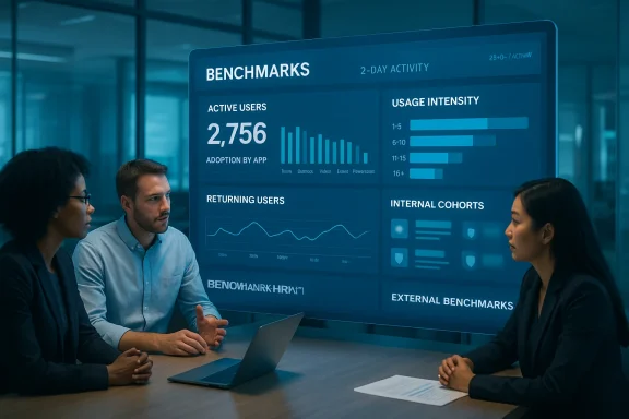 Three professionals review a large blue dashboard displaying benchmarks and analytics.