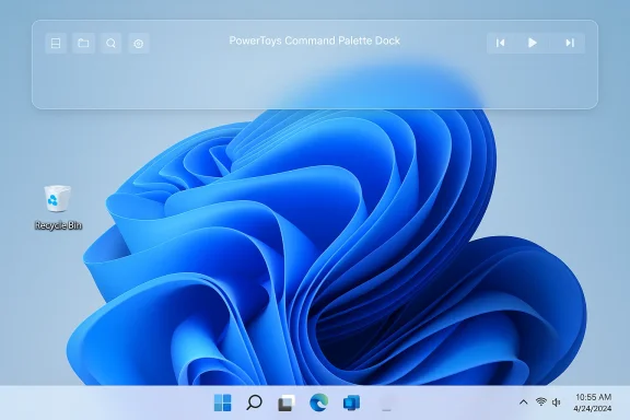 Windows 11 desktop showing a translucent PowerToys Command Palette Dock over a blue abstract wallpaper.
