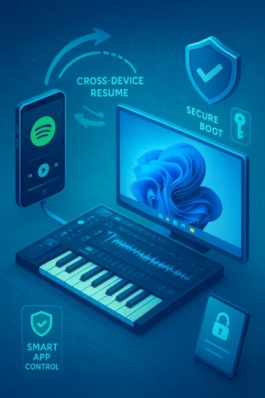 Cross-device resume with secure boot and smart app control in a futuristic laptop setup.