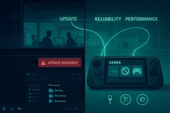 Split-screen: left shows an “Update Required” warning in an office; right features a handheld console labeled “GAMES.”