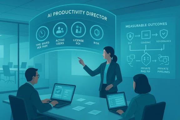 A woman presenter explains AI productivity metrics to two colleagues in a conference room.