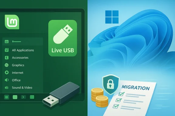 Split-screen: Linux Mint Live USB setup on the left and Windows migration checklist on the right.