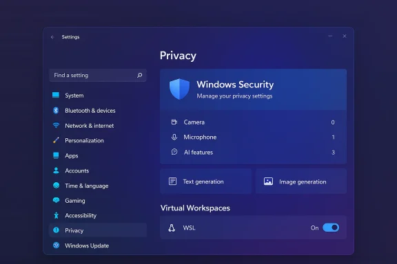 Dark Windows Settings screen showing Privacy with Windows Security and AI features.
