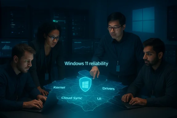 A team examines a holographic Windows 11 reliability diagram highlighting kernel, drivers, and UI.