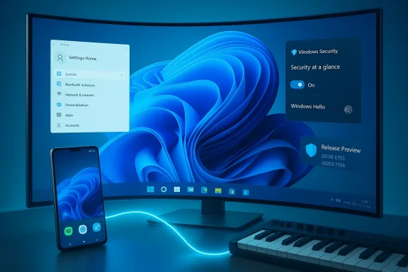 A curved ultrawide monitor shows Windows widgets as a phone connects via a glowing blue cable.