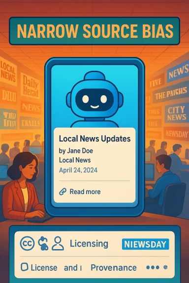 Poster about narrow source bias in local news, showing a blue robot delivering updates. Poster about narrow source bias in local news, showing a blue robot delivering updates.