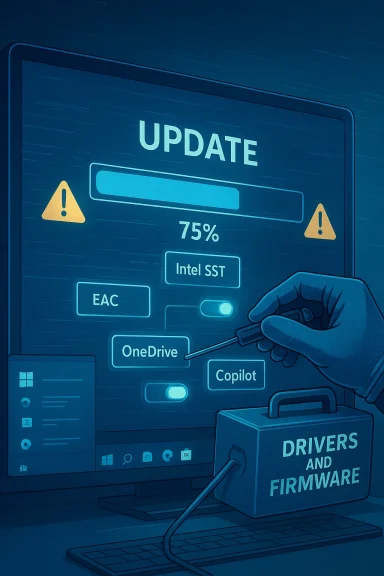 Monitor displays a 75% update progress with a drivers and firmware tool attached.