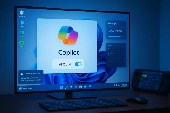 Blue-lit desk setup displays a Windows-like screen with Copilot AI opt-in toggle.