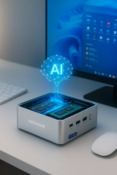 A glowing AI hologram rises from a Geekom mini PC on a desk.
