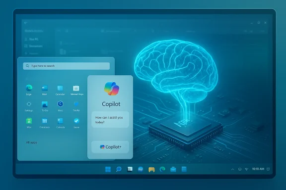 Glowing blue brain hologram above a circuit-board laptop with a Windows-style app grid and Copilot panel.