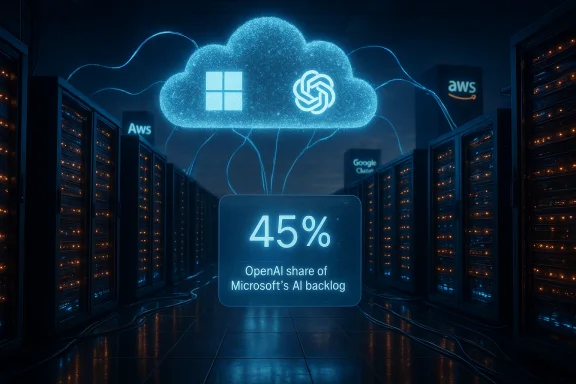 Blue-lit data center with a glowing cloud and a 45% OpenAI share of Microsoft’s AI backlog.