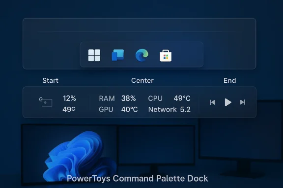 Dark blue Windows desktop with a PowerToys Command Palette Dock, app icons, and live system stats.