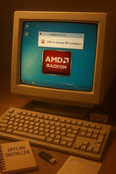 Old CRT monitor displaying an AMD Radeon splash with a Catalyst installer prompt on a cluttered desk.