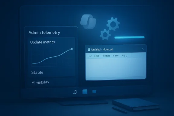 Blue-tinted screen shows an admin telemetry dashboard with a metrics graph and a Notepad window.