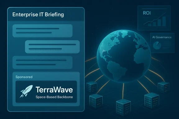 Enterprise IT briefing panel with a globe and space-based backbone connecting servers, sponsored by TerraWave.
