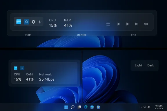 Dark Windows 11 desktop with translucent widgets displaying CPU, RAM, and network stats.