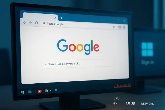 A monitor displays Google's homepage with the colorful logo and a search field.