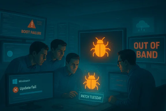 IT team analyzes Windows Patch Tuesday bugs amid blue-tinted screens showing boot failure and bug icons. IT team analyzes Windows Patch Tuesday bugs amid blue-tinted screens showing boot failure and bug icons.