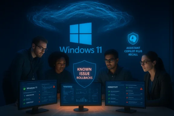 Four IT specialists review Windows 11 issues and rollbacks in a blue-lit, high-tech briefing room.