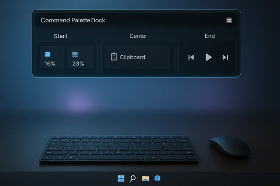 Dark Command Palette Dock overlay above a desk, with Start progress tiles, Center clipboard, End media controls.