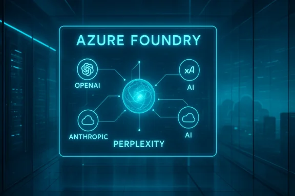 Blue neon Azure Foundry diagram linking OpenAI, Anthropic, AI and cloud nodes.