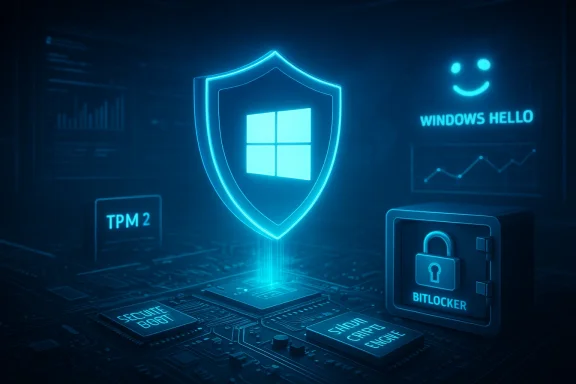 Futuristic Windows security display with a glowing shield, Windows Hello, TPM 2, and BitLocker.