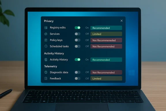Laptop displays a dark Privacy settings panel with toggles and status badges.