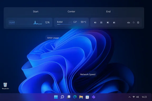 A futuristic translucent system monitor overlay shows RAM usage, network speed, and temp on a blue Windows desktop.